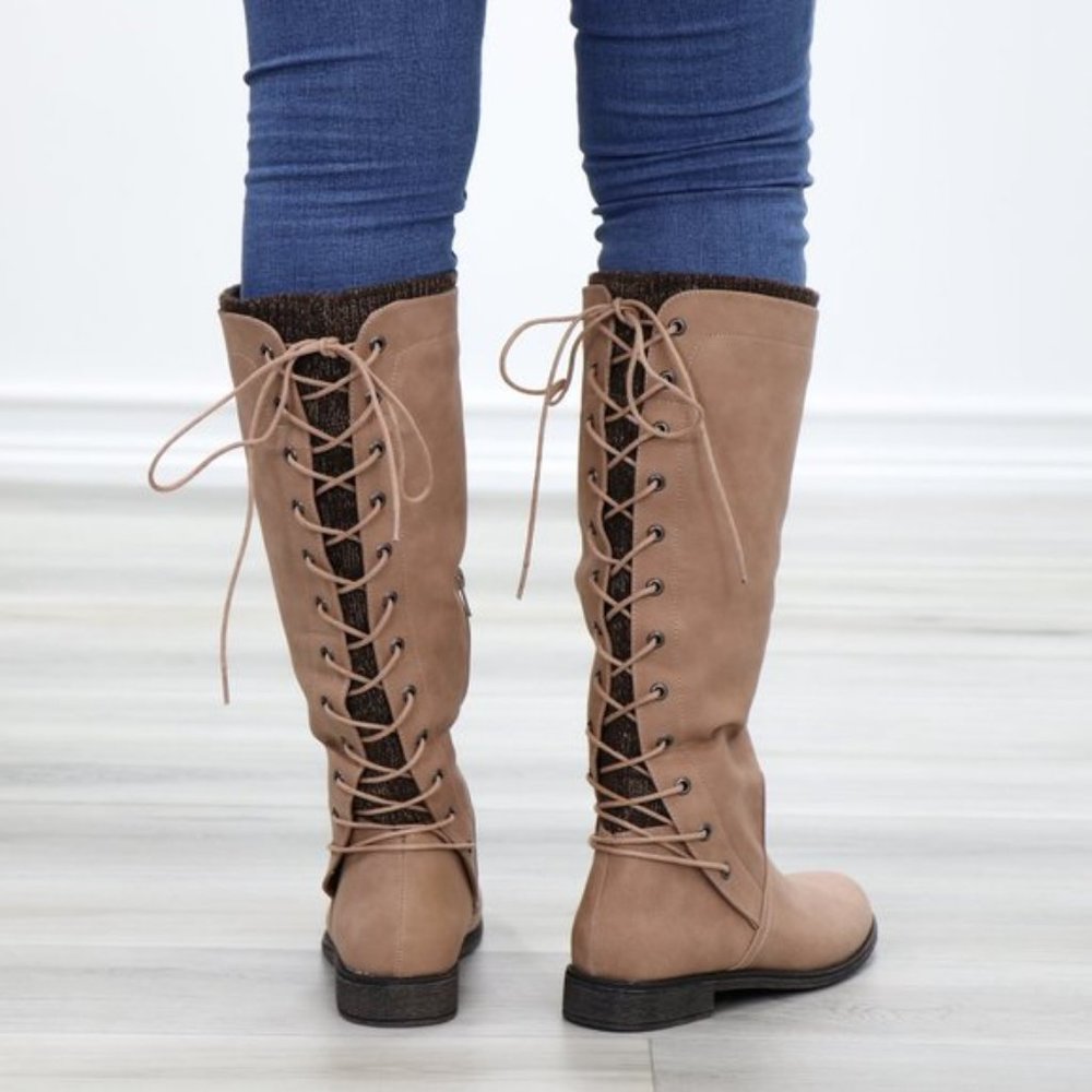 Taupe Warm Winter Mid Calf Lace Back Boots - Picture 8 of 15